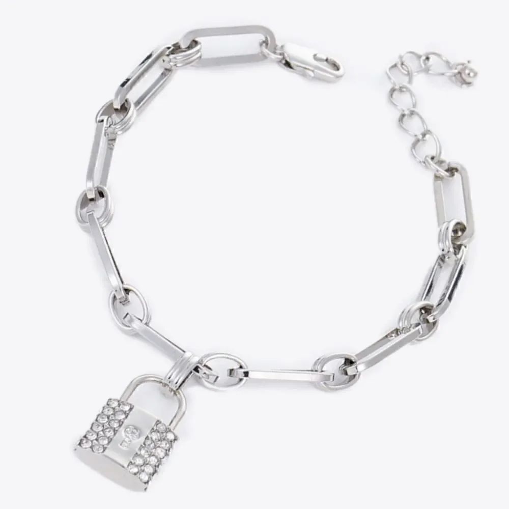 💥Silver rhinestone lock silver link bracelet